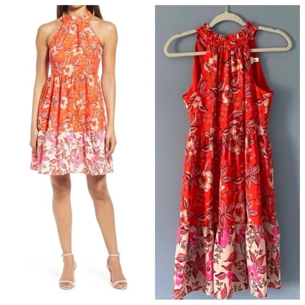 Eliza J high halter neck floral fit and flare Dress 18271 - Picture 1 of 11